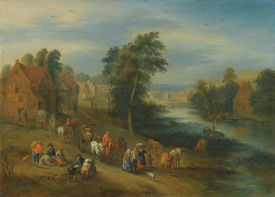 A River Landscape with Villagers and Carts on a Path by Theobald Michau